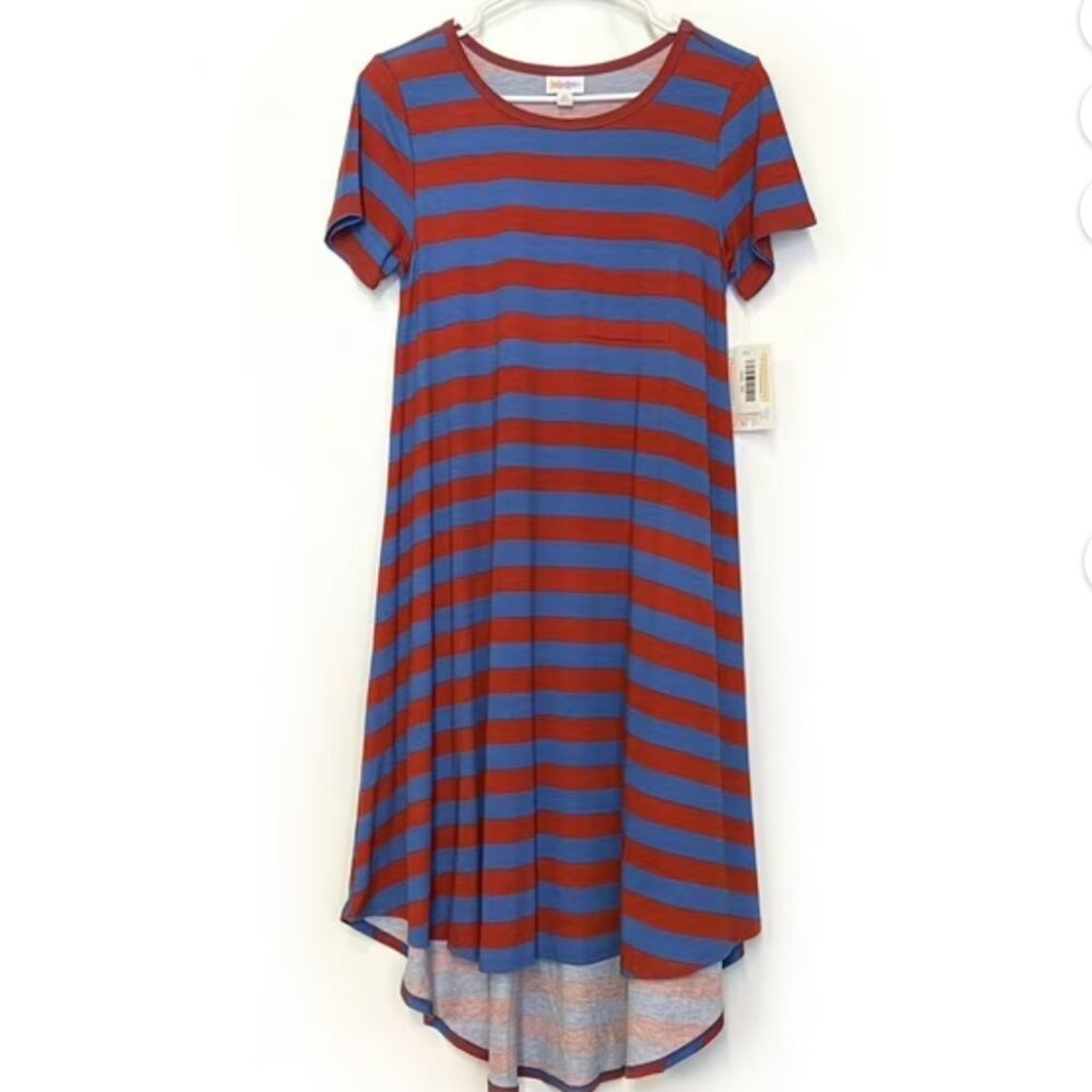 Lularoe Carly swing dress in red/blue stripes